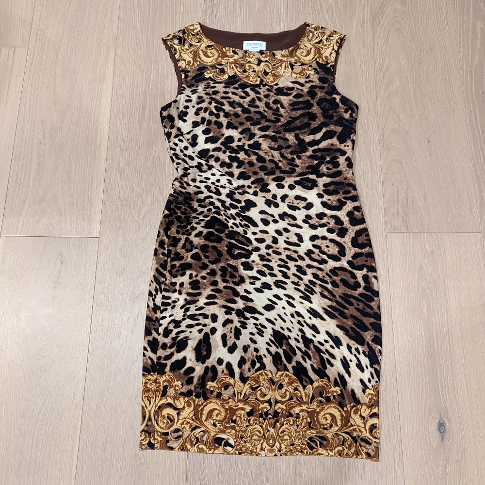 Carmen Marc Valvo Leopard Print Dress with Gold Details